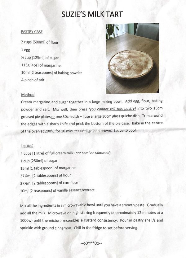 the recipe for suzie's milk tart