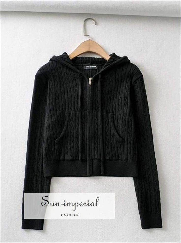 Women Black Zipped Cropped Hoodie Knit Cardigan with front and side Pockets Hooded Winter Sweater With Zipper Closure, Winter Hooded Sweater With Zipper Closure, Black Knitted Long Sleeve Hoodie, Trendy Knitted Long Sleeve Hoodie, Casual Hooded Sweater With Zipper Closure, Black Knitted Casual Hoodie, Casual Black Knitted Hoodie, Casual Zipper Cardigan For Winter, Casual Winter Sweater With Zipper Closure