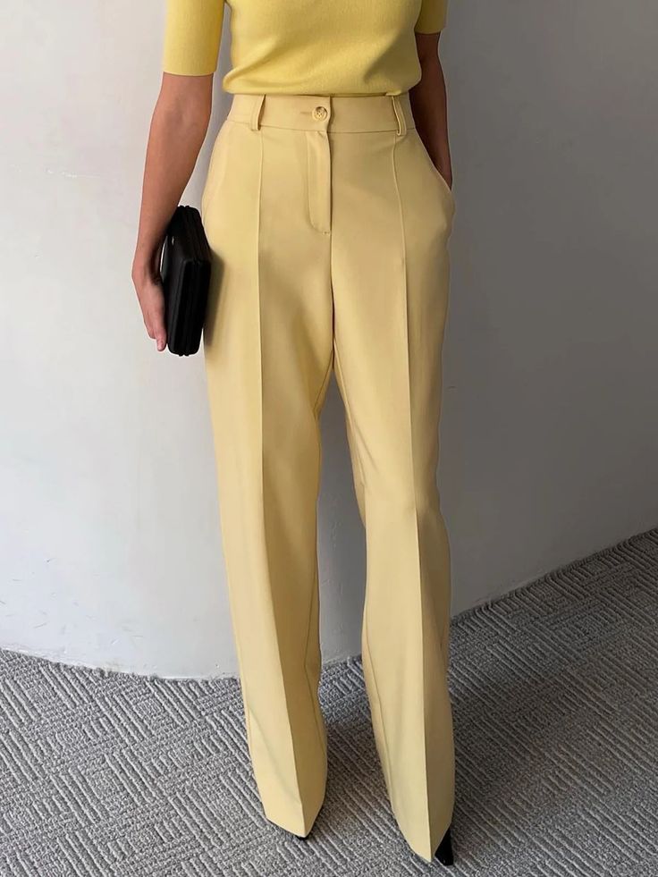 High Waist Urban Plain Fashion Pants Wide Leg Pants Short Women, Yellow Straight Leg Pants For Workwear, Trendy Full-length Office Pants, Trendy Full Length Pants For Office, Trendy Full Length Office Pants, Women’s Trousers, Elegant Yellow Pants With Pockets, Yellow Wide Leg Ankle-length Pants For Work, Chic Yellow Straight Leg Bottoms