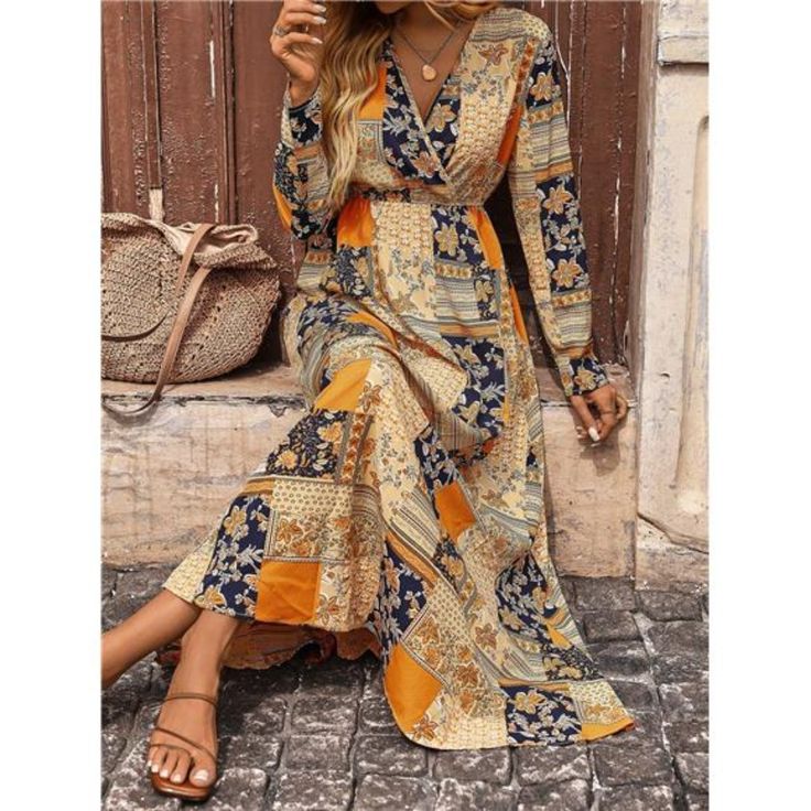 -Item Id 29747707 -Details: High Low, Wrap -Neckline: V Neck -Sleeve Type: Regular Sleeve -Style: Boho -Type: A Line -Waist Line: High Waist -Hem Shaped: Flared -Color: Yellow -Pattern Type: Patchwork, Scarf Print -Sleeve Length: Long Sleeve -Fit Type: Regular Fit -Length: Long -Material: Woven Fabric -Composition: 95.0% Polyester, 5.0% Elastane -Care Instructions: Machine Wash Or Professional Dry Clean -Sheer: No -Fabric: Non-Stretch **Open To Offers!!!** **Bundle To Save More** **30% Off Bundl Spring V-neck Patchwork Maxi Dress, Yellow Patchwork V-neck Dress, Spring V-neck Maxi Dress With Patchwork, Bohemian V-neck Patchwork Maxi Dress, Fitted Patchwork Maxi Dress For Fall, Multicolor Patchwork Maxi Dress For Fall, Fall Multicolor Patchwork Maxi Dress, Long Sleeve Patchwork Maxi Dress For Vacation, Casual Long Sleeve Dress With Floral Patchwork