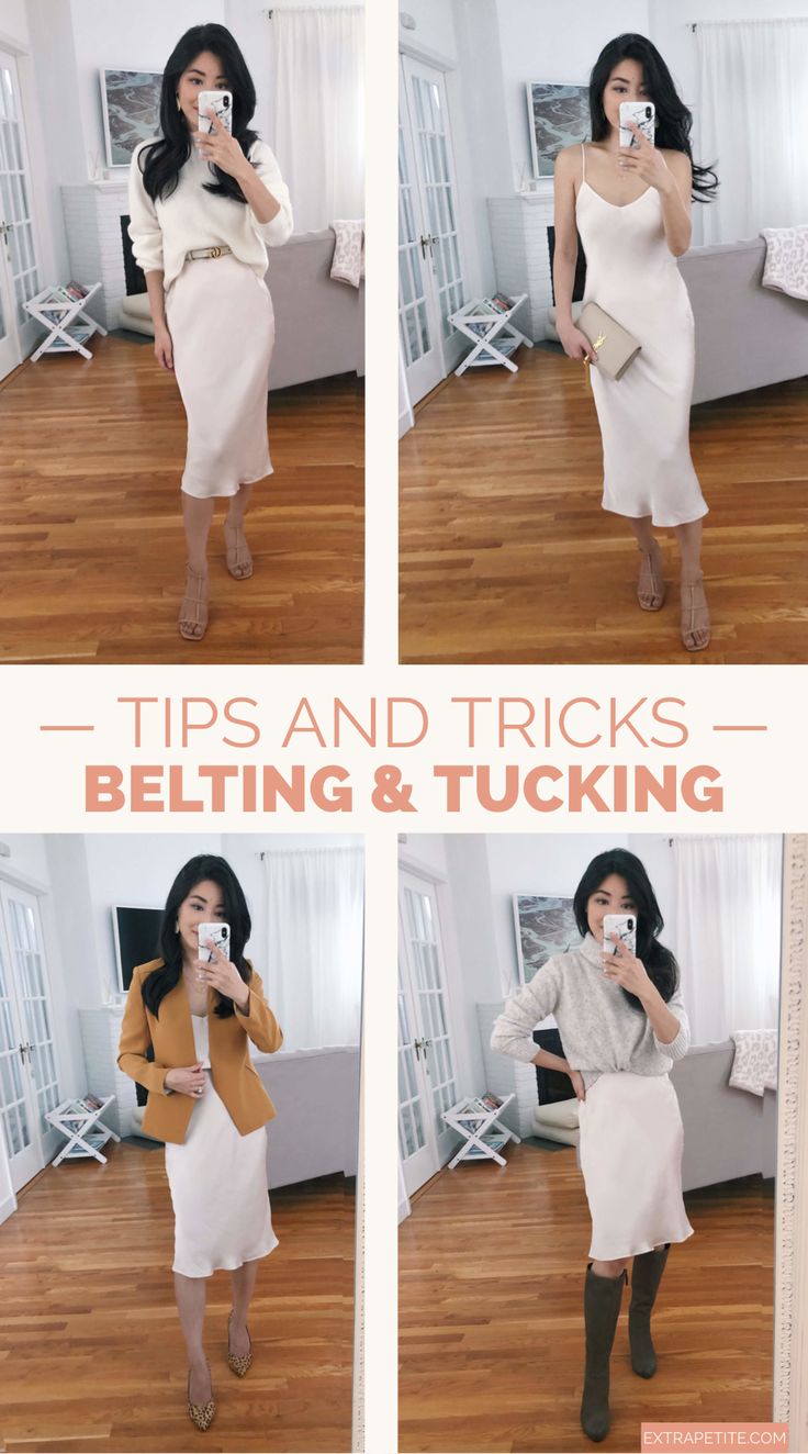 how to style a sweater over a dress // on the blog: a few different ways to style a slip dress! tuck or belt a sweater over it to create a midi skirt or dress it up for a night out. I'm also sharing my tips and tricks for how to wear a sweater over a dress by tying it up or tucking it into a belt. Slip Dress Outfit With Sweater, Slip With Sweater, What To Wear Over A Satin Slip Dress, Silky Slip Skirt Outfit, Ivory Slip Dress Outfit, Cowl Neck Slip Dress Outfit Winter, Slip Dress Formal Outfit, How To Style A Slip Dress Outfit Ideas, Shirt Over Bodycon Dress Outfit