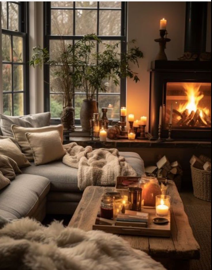 a living room filled with furniture and candles