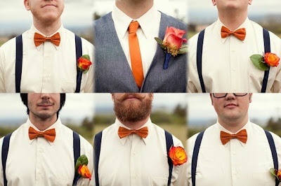 multiple shots of a man wearing suspenders and an orange flower in his lapel