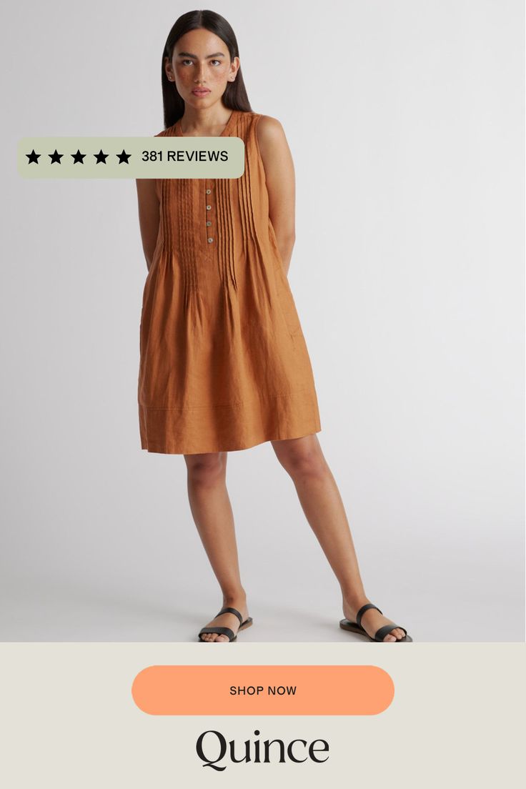 Sleeveless style with a little swing. This spring summer staple can do it all. Featuring pin-tucking up top, shell buttons, and pleat detailing. Our linen collection is made from 100% European flax linen—an eco-friendly, and resource light material.  | Quince | Women's 100% European Linen Sleeveless Swing Dress in Terracotta, Size Small Pleated A-line Sleeveless Dress For Daywear, Summer Sleeveless A-line Dress With Pleated Hem, Casual A-line Dress With Pleated Bodice, Summer A-line Pleated Dress With Pleated Bodice, A-line Sleeveless Dress With Pleated Hem For Spring, Pleated Sleeveless Dress For Beach In Summer, Pleated Sleeveless Beach Dress For Summer, Summer A-line Sleeveless Dress With Pleated Waist, Summer Beach Sleeveless Pleated Dress