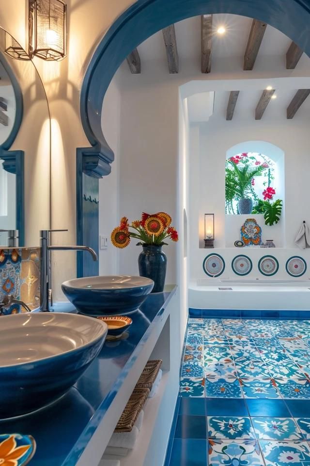 Coastal Charm: My Top Mediterranean Bathroom Ideas Sicilian Bathroom, Amalfi Coast Style, Modern Mediterranean Bathroom, Mediterranean Bathroom Ideas, Baroque Chandelier, Mediterranean Bathroom, Statement Light Fixture, Fish Scale Tile, Resin Countertops