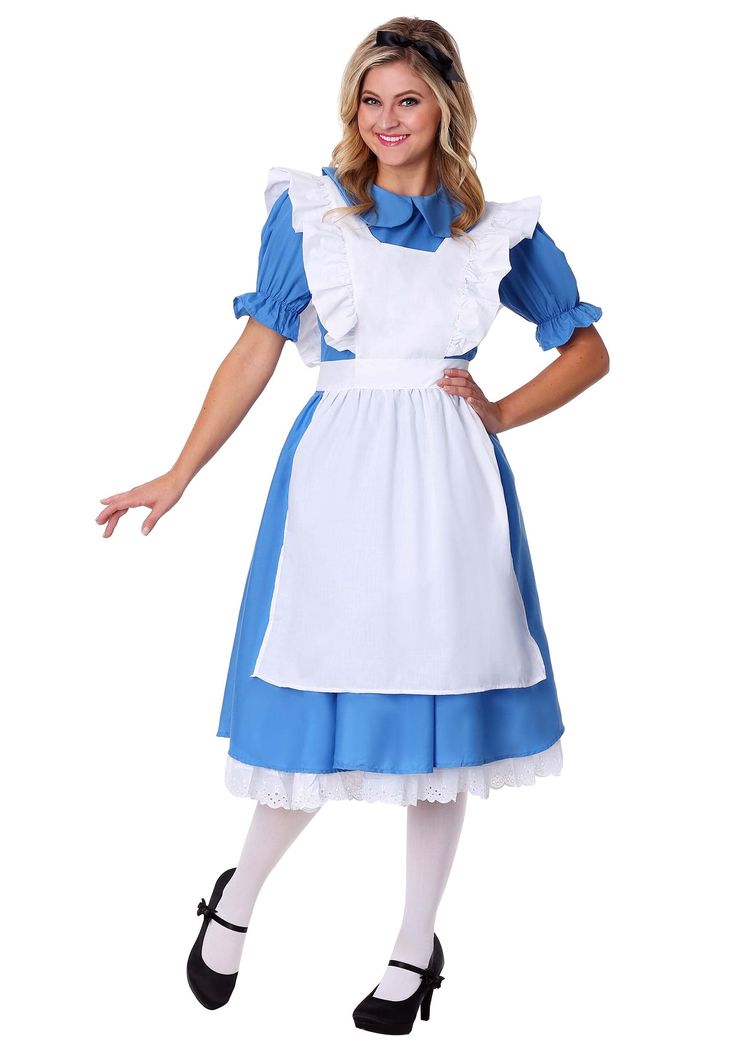 a woman dressed in a blue and white costume