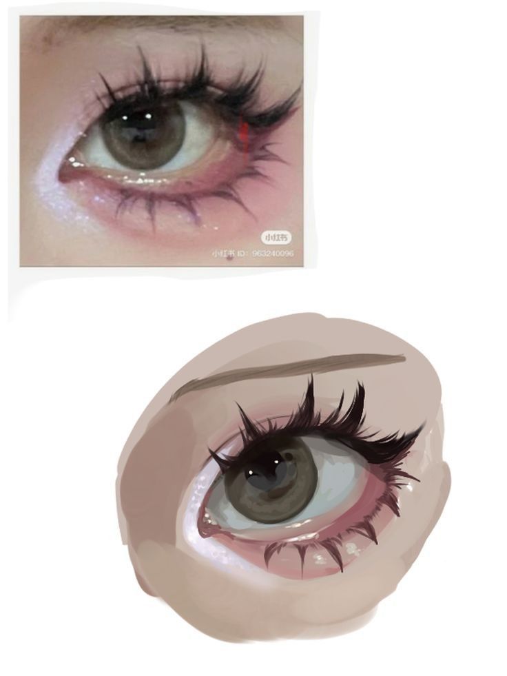 an eye with long lashes and false eyelashes on top of the bottom half of it