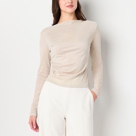 This Worthington women's blouse makes a chic style statement with its super fine metallic stretch fabric. It has ruched shoulder detail creating a beautiful draped effect along the neckline. Wear this long-sleeve top with tailored trousers or jeans and heels for an evening out. Closure Type: Pullover HeadFit: Regular FitNeckline: Cowl NeckSleeve Length: Long SleeveSleeve Style: Fitted SleeveApparel Length: 19 InchesFiber Content: 64% Polyester, 19% Nylon, 14% Metallic, 3% SpandexFabric Descripti Beige Tops For Workwear In Fall, Beige Tops For Fall Workwear, Versatile Long Sleeve Cream Tops, Versatile Cream Long Sleeve Tops, Versatile Crew Neck Fall Blouse, Fall Crew Neck Versatile Blouse, Elegant Cream Crew Neck Top, Cream Fine Knit Top For Fall, Beige Tops For Layering In Fall