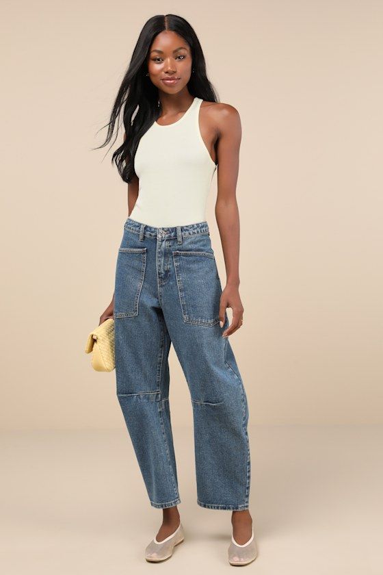 Haniel Medium Wash High-Rise Barrel Jeans Jeans Photoshoot Ideas, Trend Jeans, Barrel Jeans, Chic Vibes, Big Pockets, Jean Trends, Cargo Style, Bottom Clothes, White Denim