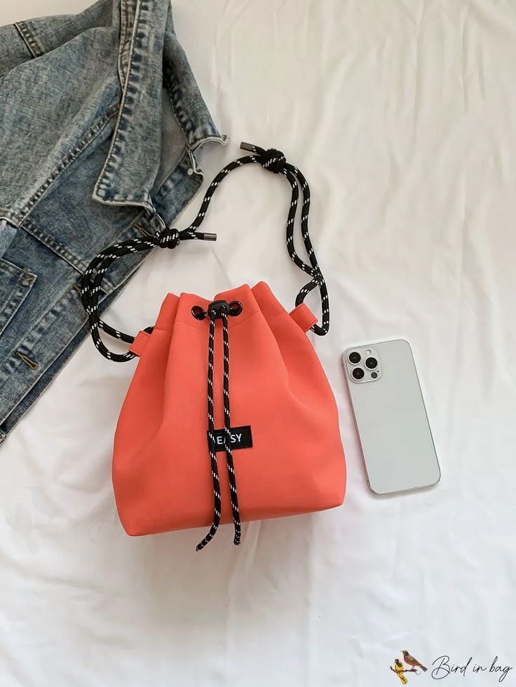 BirdinBag - Womens Lightweight Drawstring Bucket Bag - Fashionable Nylon Cloth Crossbody Trendy Nylon Softback Bag, School Bag With Drawstring In Nylon, Summer Nylon Bag In Solid Color, Orange Nylon Bags With Adjustable Strap, Solid Nylon Summer Bag, Nylon Drawstring Bag For Everyday Use, Everyday Nylon Drawstring Bag, Summer Solid Nylon Bag, Trendy Orange Nylon Bag