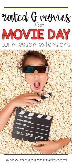 a child wearing sunglasses and holding a clapper in front of a popcorn box with the words, rated g movies for movie day