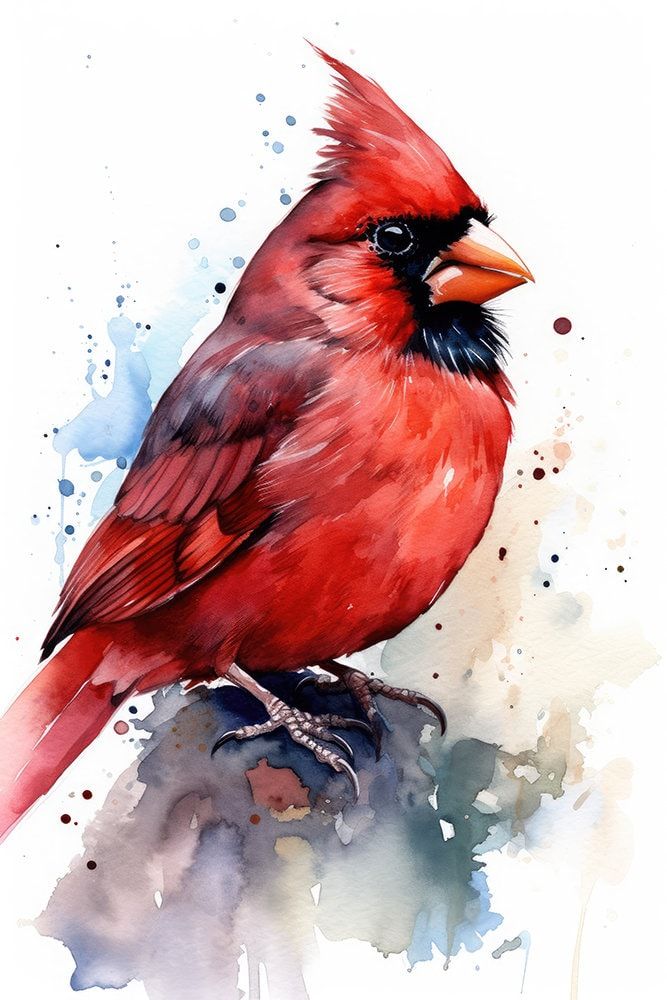 a watercolor painting of a red cardinal perched on a branch with blue and white spots