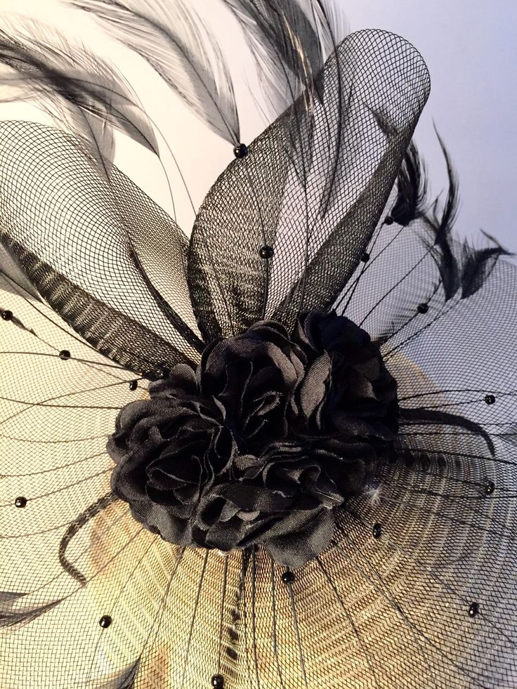 Black fascinator- black flower headband- wedding- derby- headpiece- feather- Mad hatter- Tea party- Lady's who Lunch. Hello, This black horse hair netting/ fascinator has a cluster of 3 inch of flowers on top. This flower is edged with a ring of black feathers. (It's not horse hair but a hundred years ago it was woven from horse hair and the name stuck) It's on a skinny 1/8 inch black satin covered headband that is adjustable to fit any head size and very comfortable...plus no hat head! -------- Adjustable Black Fascinator For Vintage Events, Feather Fascinator For Royal Ascot, Evening Fascinator With Feather Trim, Elegant Black Fascinator With Feather Trim, Elegant Black Feather Trim Costume Hat, Elegant Black Costume Hat With Feather Trim, Black Feather Trim Headpiece For Evening, Elegant Black Feathered Fascinator, Black Feathered Headpiece For Evening