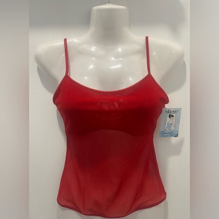 100% Nylon Bra Liner Sheer Fitted Red Camisole With Built-in Bra, Summer Nylon Camisole With Built-in Bra, Red Tops With Built-in Bra And Tank Straps, Red Tank Top With Spaghetti Straps And Built-in Bra, Red Tank Top With Built-in Bra, Nylon Tank Top For Party, Sheer Tank Top With Tank Straps For Summer, Sheer Tank Top For Summer, Sleeveless Polyamide Tops For Party