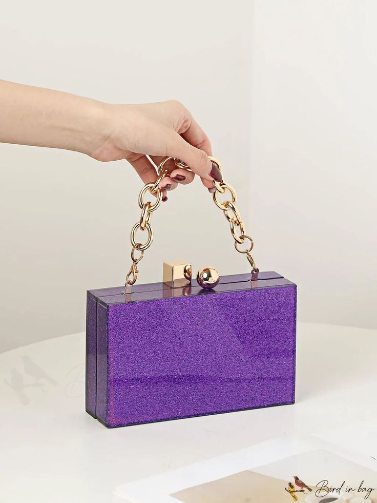 BirdinBag - Mini Glitter Chain Box Bag: Elegant Purse for Weddings, Proms, and Parties Purple Rectangular Box Bag For Gift, Rectangular Purple Box Bag As Gift, Rectangular Purple Box Bag Gift, Rectangular Box Bag With Chain Strap For Parties, Party Rectangular Box Bag With Chain Strap, Rectangular Party Box Bag With Chain Strap, Glamorous Evening Bag With Chain Strap For Gift, Glamorous Rectangular Box Bag For Gift, Glamorous Glitter Rectangular Evening Bag