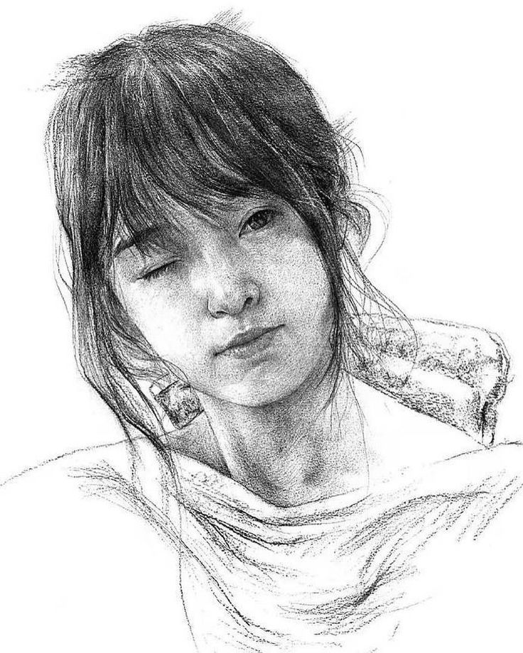 a pencil drawing of a woman holding a piece of bread