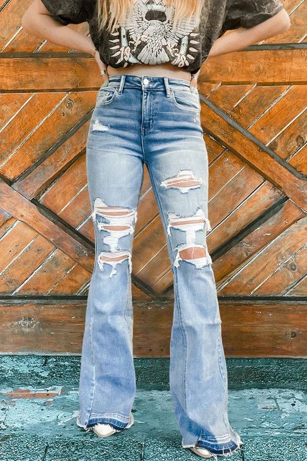 Vintage Distressed Washed Flared Jeans – castellbus Casual Distressed Denim Flares, Trendy Distressed Flares For Spring, Trendy Medium Wash Flares For Fall, Trendy Medium Wash Fall Flares, Trendy Fall Flares In Medium Wash, Trendy Distressed Wide Leg Flares, Fall Denim Distressed Flares, Trendy Ripped Flare Jeans, Spring Denim Flares With Distressed Details