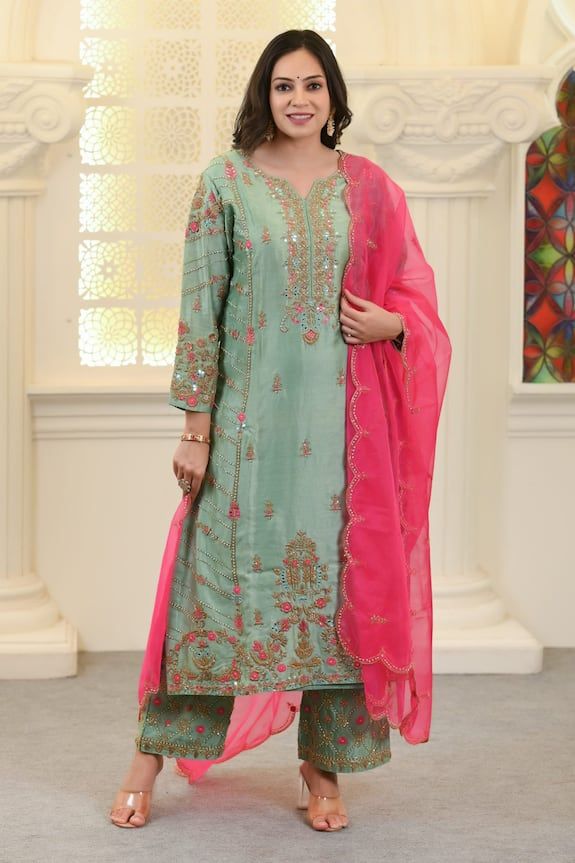 Pista green kurta with floral thread, beads, pearls and sequins embroidery. Paired with coordinating pant and pink scallop hem dupatta. - Aza Fashions Thread Beads, Pista Green, Scallop Hem, Beaded Neckline, Embroidery Floral, Sequins Embroidery, Scalloped Hem, Pants Pattern, Pant Set