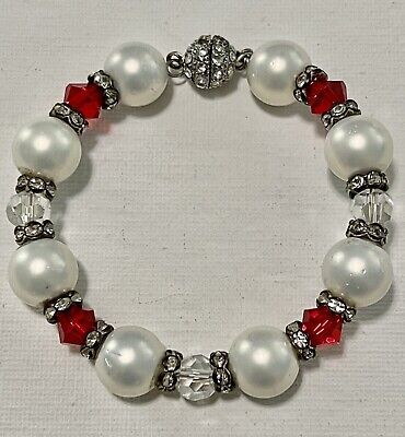 White Faux Pearl Red & Clear Crystal Bead Magnetic Clasp Fashion Wire Bracelet | eBay Elegant Red Crystal Bracelet With 8mm Beads, Elegant Beaded Bracelets For Holidays, Elegant Beaded Bracelet For Holidays, Elegant Beaded Holiday Bracelet, Festive Beaded Holiday Jewelry, Elegant Red Stretch Bracelet With 8mm Beads, Elegant Beaded Jewelry For Holidays, Red Beaded Pearl Bracelet With Round Beads, Elegant Beaded Bracelets For Christmas