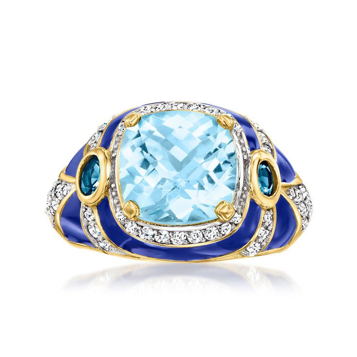 Ross-Simons - 4.40ct t. w. London, Sky Blue Topaz, .50ct t. w. White Zircon Ring, Blue Enamel Over Sterling. Size 8. Bound to be a true blue favorite, this remarkable ring showcases an icy 4.00 carat square cushion-cut sky blue topaz, flanked by .40 ct. t. w. London blue topaz gems. .50 ct. t. w. white zircon rounds add additional shimmer in richly hued blue enamel. Crafted in 18kt gold over sterling silver. 1/2" wide. Blue enamel, white zircon and blue topaz ring. Blue Topaz birthstones are the Luxury Blue Enamel Diamond Ring, Blue Diamond Enamel Ring Fine Jewelry, Blue Enamel Diamond Ring Fine Jewelry, Elegant Blue Enamel Ring With Gemstone, Luxury Blue Diamond Ring With Accents, Blue Diamond Enamel Ring For Formal Occasions, Formal Blue Enamel Diamond Ring, Blue Enamel Ring With Gemstone In Fine Jewelry Style, Blue Enamel Ring With Gemstone Fine Jewelry