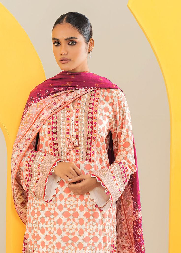 Alkaram MS-4.1-23-Pink Mid Summer Collection Original brand suit fabric and photography lite diffrance in actual print. Pink Cotton Sets With Printed Motifs, Patterned Lawn Suit With Dabka Embroidery, Pink Long Sleeve Sets With Dupatta, Pink Cotton Lawn Suit With Dabka, Pink Printed Cotton Set, Pink Printed Lawn Suit For Summer, Pink Lawn Suit With Printed Motifs For Summer, Pink Sets With Printed Motifs For Spring, Summer Pink Lawn Suit With Printed Motifs