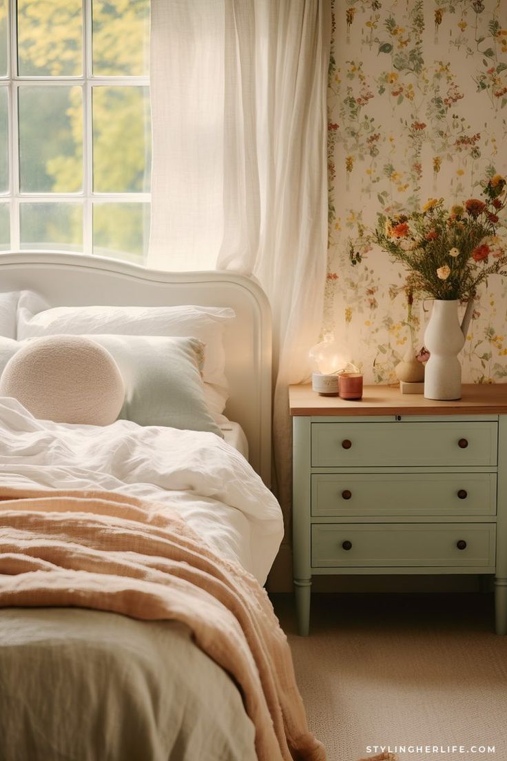 a white bed sitting next to a window with flowers on the wall and curtains behind it