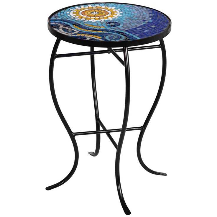 a small table with a mosaic design on it's top and metal frame legs