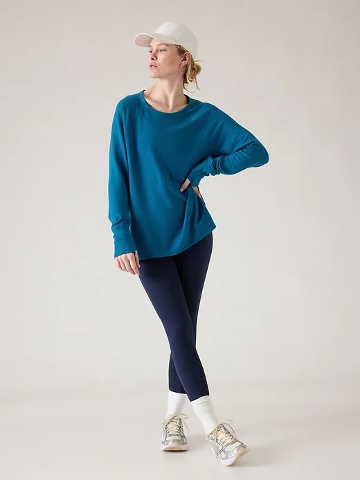 Coaster Luxe Recover Sweatshirt | Athleta Crew Neck Activewear With Thumbholes For Loungewear, Comfortable Fall Workout Tops, Comfortable Workout Tops For Fall, Fall Athleisure Activewear Crew Top, Crew Neck Sweats For Fall Workout, Fall Workout Sweats With Crew Neck, Fall Athleisure Raglan Sleeve Sweatshirt, Comfy Long Sleeve Sweatshirt For Workout, Cozy Fit Crew Neck Activewear With Ribbed Cuffs