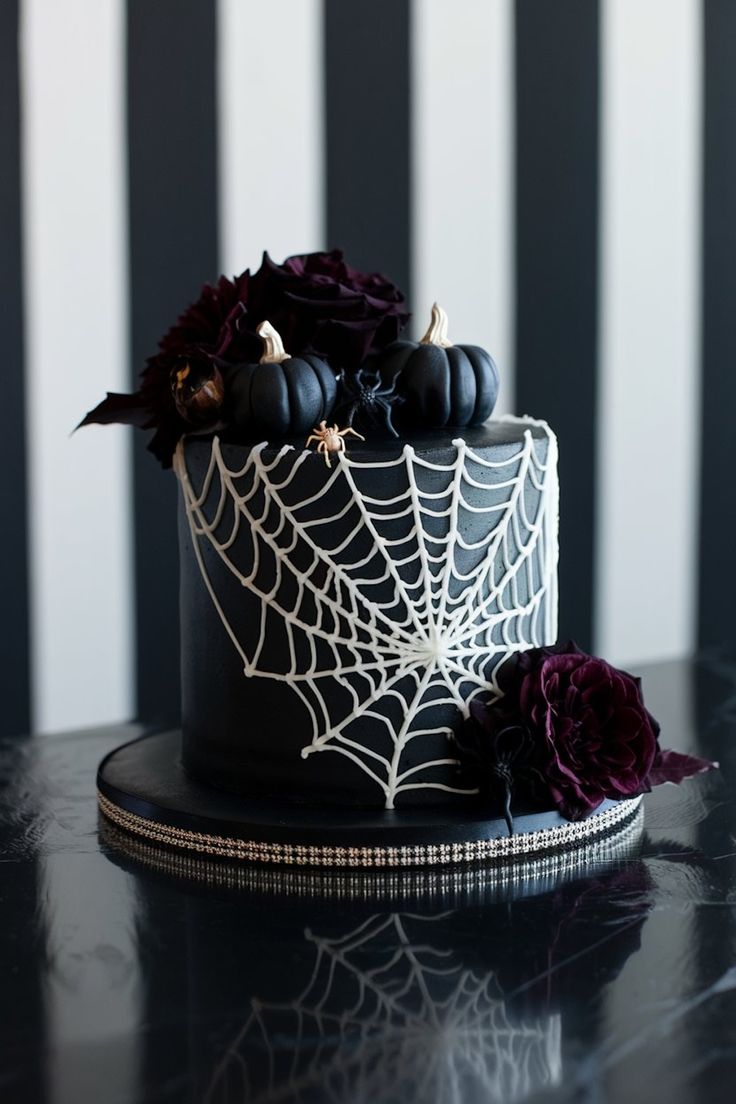 Spooky Black Cake with Spiderwebs, Pumpkins, and Dark Roses Aesthetic Black Birthday, Birthday Cake Aesthetic Black, 15 Birthday Cake, Birthday Cake Aesthetic, Spiderweb Design, Dark Roses, 15th Birthday Cakes, Black Fondant, Dark Florals