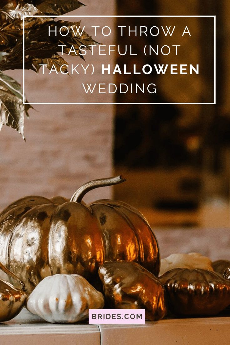 gold pumpkins and seashells with text overlay how to throw a tasteful not tacky halloween wedding