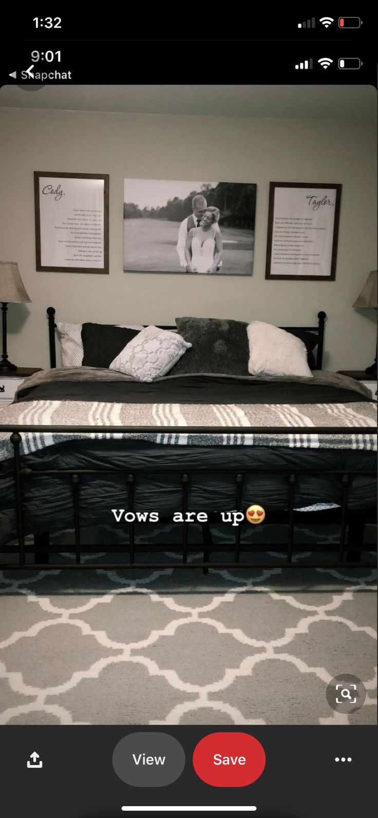 the bed has two pictures above it and below it