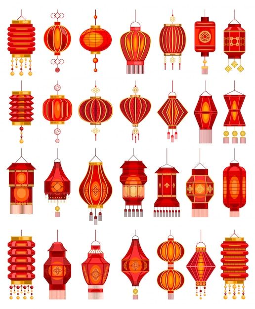 red lanterns hanging from the ceiling and in different shapes, with gold trimmings