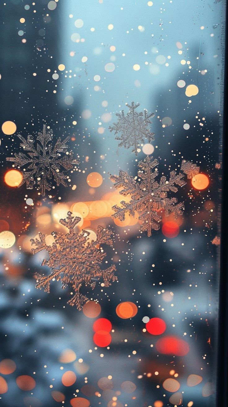 snowflakes are seen through a window with blurry lights in the back ground