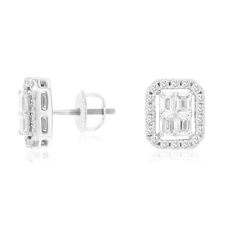 The modern twist on the classic diamond stud. This beautiful earring is set in 14k white gold, with 4 emerald cut diamonds in the center of a square diamond halo, coming out to 1.25ctw! They also come with a screw back for comfort of wearing long term. White Emerald Cut Diamond Earrings With Accents, Emerald Cut Diamond Earrings With Halo Design, Emerald Cut Halo Diamond Earrings, Diamond Halo Earrings, Halo Diamond Earrings, Diamond Pendants Designs, Buy Jewellery Online, Diamond Pendants, Halo Earrings