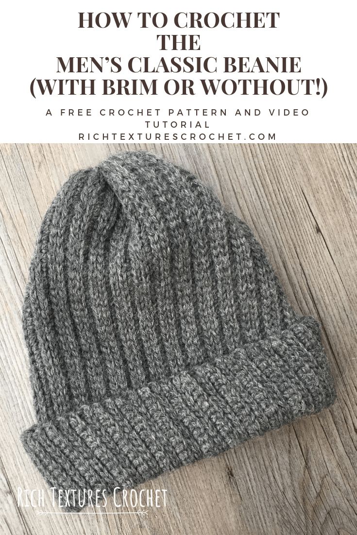 a knitted beanie with the text how to crochet men's classic beanie with brim or wothot?