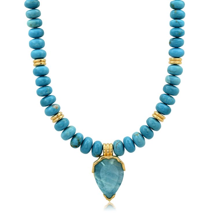 The Turquoise + Aquamarine Triple Orbit Necklace is a show stopping addition to your wardrobe, featuring natural turquoise beads + a gorgeous aquamarine pendant. Due to the organic nature of this stone, no two necklaces will ever be the same in color. 14k recycled yellow gold + diamond toggle | Aquamarine approximately 14ct -19ct each | 16” length Please keep in mind that these strings are made of natural fibers and are delicate and should be handled with care. These fibers can become fragile if Turquoise Aquamarine Gemstone Necklace, Turquoise Aquamarine Necklace With Natural Stones, Turquoise Aquamarine Natural Stones Necklace, Turquoise Aquamarine Gemstone Beads Necklace, Turquoise Aquamarine Beaded Necklace, Turquoise Blue Necklace With Natural Amazonite Stones, Two Necklaces, Organic Nature, Shell Collection