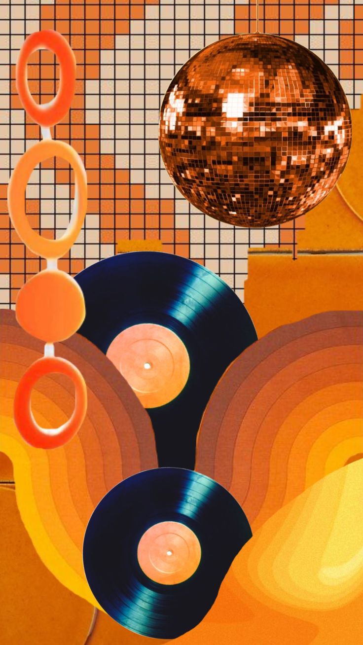 an abstract painting with disco balls and vinyl records