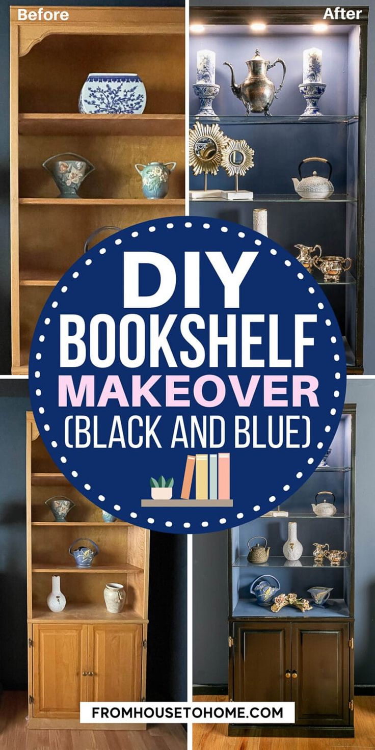 diy bookshelf makeover with black and blue in the middle, from housetohome com