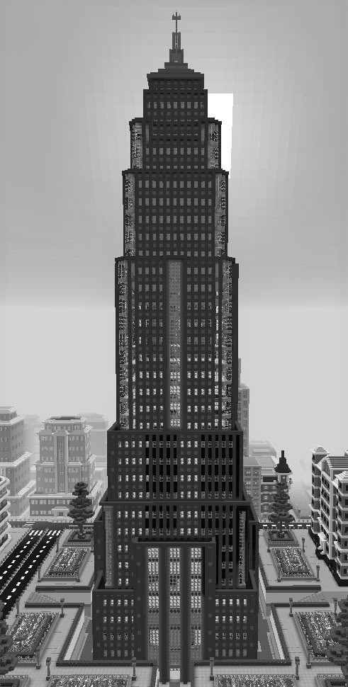 a black and white photo of a tall building in the middle of an urban area