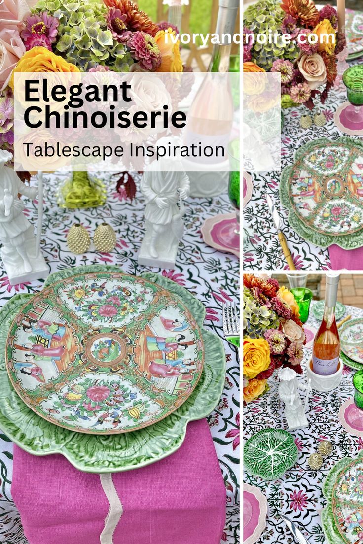 bright colored chinoiserie wedding reception dinner table setting ideas with pink napkins and green plates