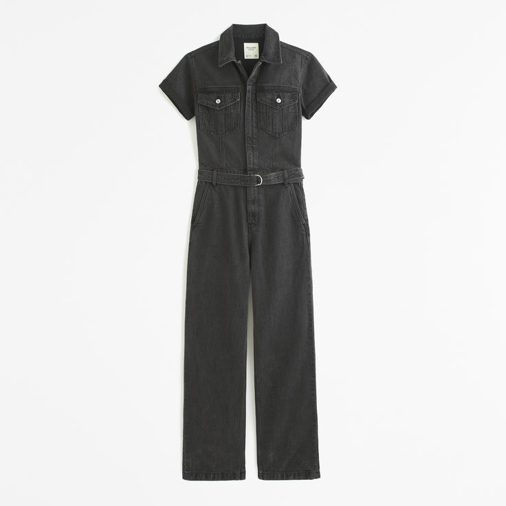 Step back in time with the Abercrombie & Fitch Women's 90s Relaxed Denim Jumpsuit, a perfect blend of retro style and modern comfort. This jumpsuit is designed to flatter with its relaxed fit and straight-leg silhouette, ensuring you look effortlessly chic.

- Size: L Petite
- Color: Black
- Material: Cotton, TENCEL™ Lyocell
- Gender: Female
- Features: Classic collar, chest pockets with button-flap closure, functional O-ring belt, side pockets

Crafted from a mix of cotton and eco-friendly TENC Womens Denim Jumpsuit, Female Features, Ring Belt, Short Sleeve Jumpsuits, Jumpsuit With Sleeves, Denim Jumpsuit, Vintage Vibes, Denim Fabric, O Ring