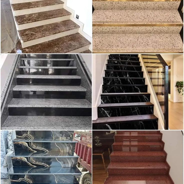 stairs with marble treading and wooden steps in different colors, sizes and finishes are shown