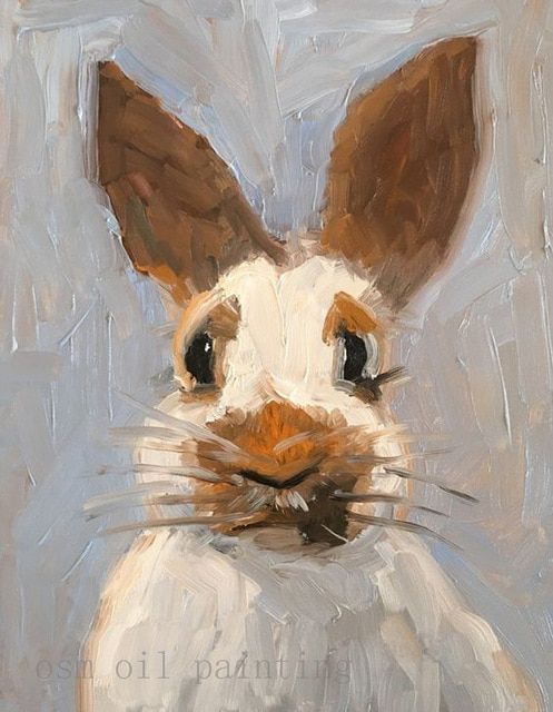 an oil painting of a rabbit's face with brown ears and white fur, on a gray background