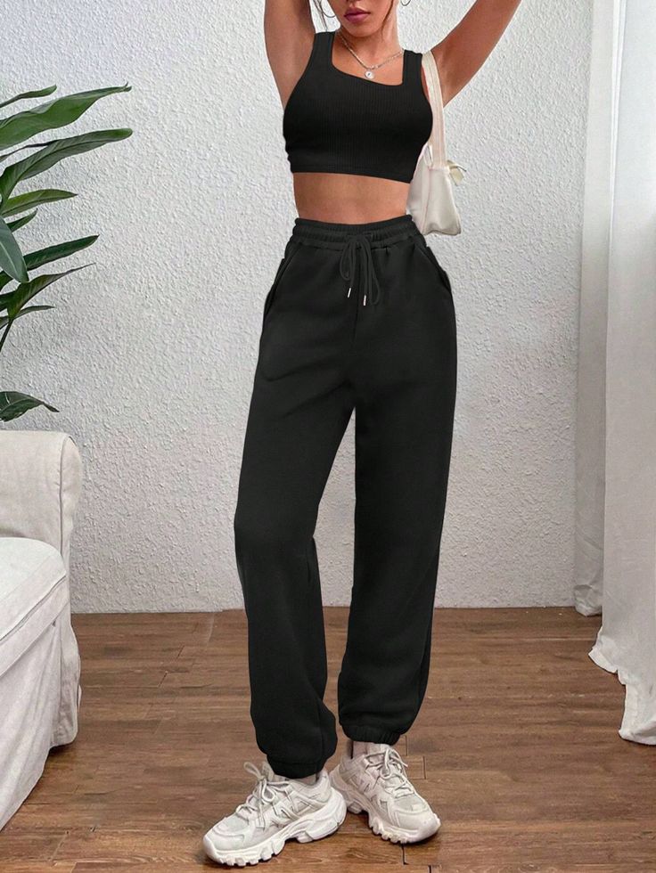 Women's Solid Tank Top And Jogging Pants 2-Piece Set Black     Plain  Slight Stretch All Women Sleep & Lounge, size features are:Bust: ,Length: ,Sleeve Length: Comfy Outfits For Dance Practice, Streetwear Sweatpants, Fits Streetwear, Solid Tank Tops, Black Plain, Jogging Pants, Flare Leggings, Color Marron, Sleepwear Women