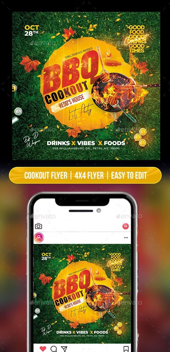 the bbq party flyer is displayed on an iphone screen and it's full color scheme