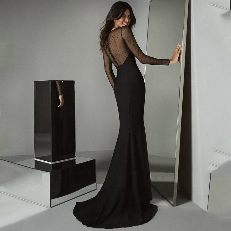 Elegant Black Mermaid Mother of the Bride Dress – Fashionsarah.com Mermaid Dress With Back Opening For Prom, Elegant Evening Dress With Sheer Back For Wedding, Backless Mermaid Wedding Dress With Back Opening, Elegant Prom Gown With Sheer Sleeves, Elegant Gown With Sheer Sleeves For Prom, Evening Mermaid Dress With Open Back And Fitted Bodice, Evening Mermaid Dress With Fitted Bodice And Back Opening, Elegant Gown With Sheer Back And Fitted Bodice, Elegant Backless Mermaid Evening Dress