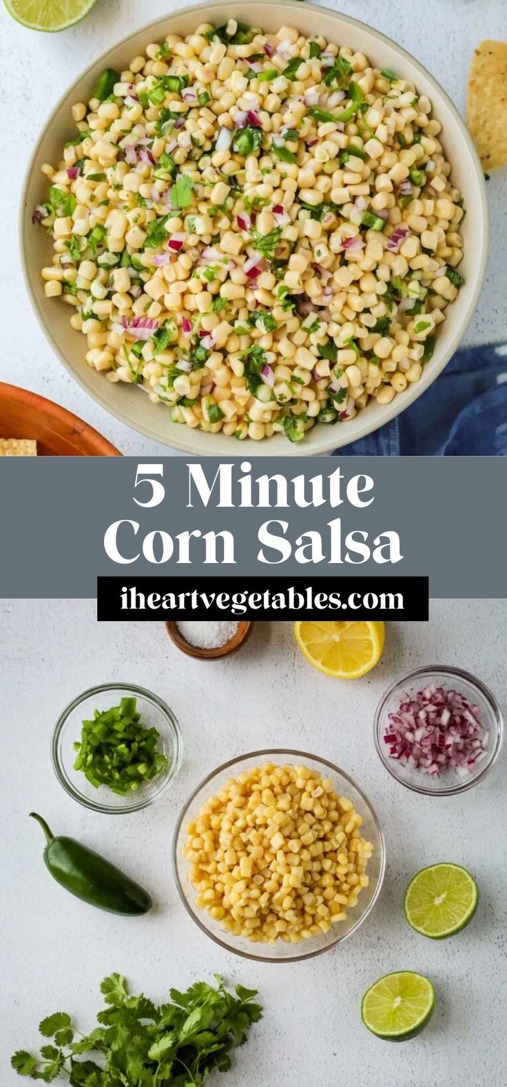 corn salad with limes, cilantro and other ingredients in bowls on a table