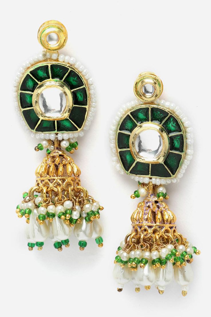 Product Features: Color: Green, Gold, White Material: Alloy Metal Design: Kundan, Pearls, Natural Stones Dimensions: Length of Earring= 6 CM; Width of Earring =2 CM; Adjustable - No Occasion: Festivewear, Partywear Product Type: Jhumka Disclaimer: There will be slight difference in digital to actual image Luxury Green Jhumkas For Gift, Luxury Green Jhumkas As Gift, Luxury Green Jhumkas With Stone Work, Luxury Green Hand Set Jhumkas, Luxury Hand-set Green Jhumkas, Luxury Green Jhumkas With Hand Set, Luxury Green Jhumkas For Diwali, Luxury Green Chandbali Jhumkas, Luxury Green Jhumkas For Festivals