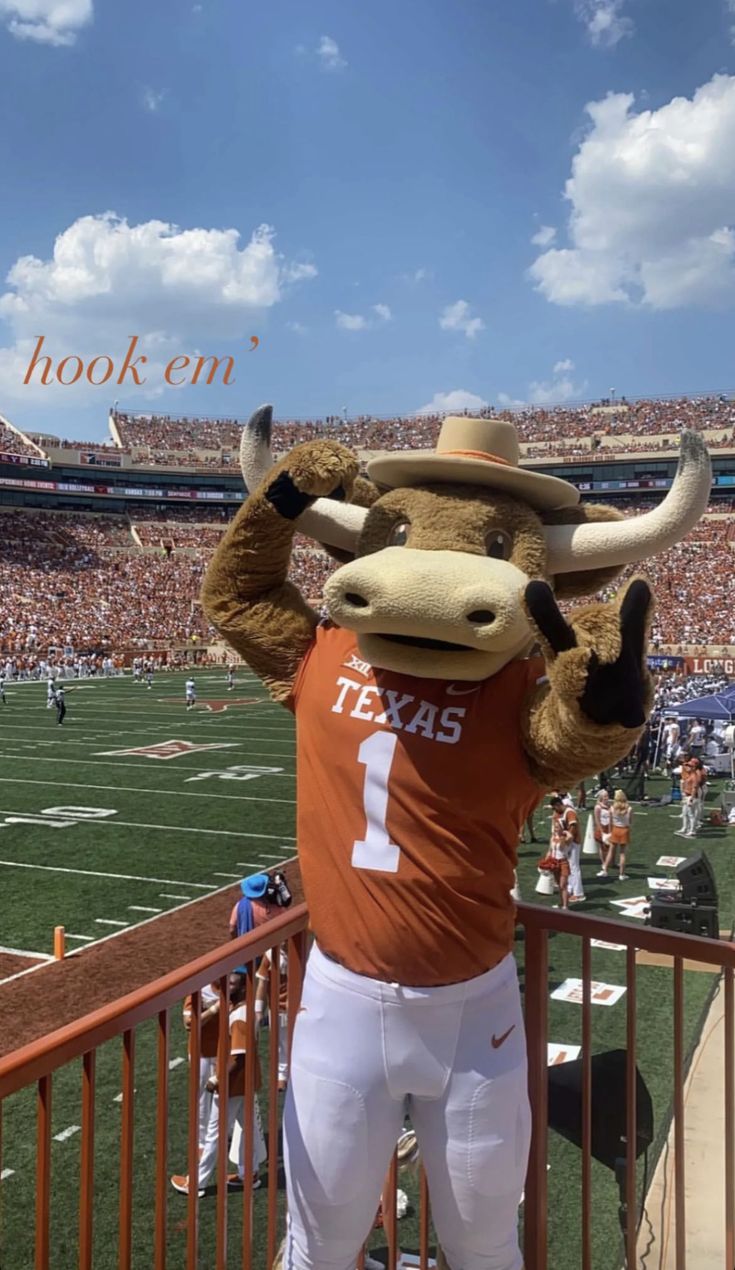 the texas longhorns mascot stands on the sidelines in front of an empty football stadium