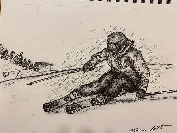 a drawing of a person on skis going down a hill with trees in the background